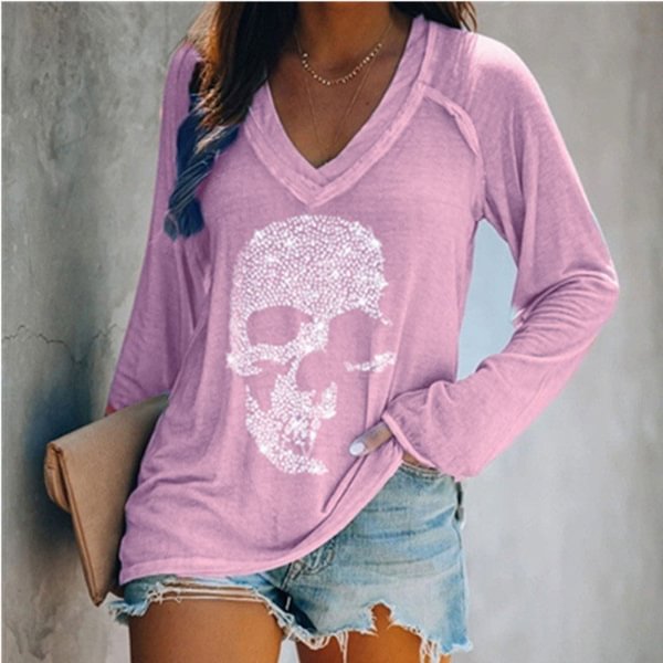 XS-6XL Womens Fashion Clothes Spring Summer Casual Long Sleeved T-shirt Loose Skull Printed Tops Ladies Autumn Winter V-neck Shirts Cotton Plus Size Blouse - Shop Trendy Women's Clothing | LoverChic