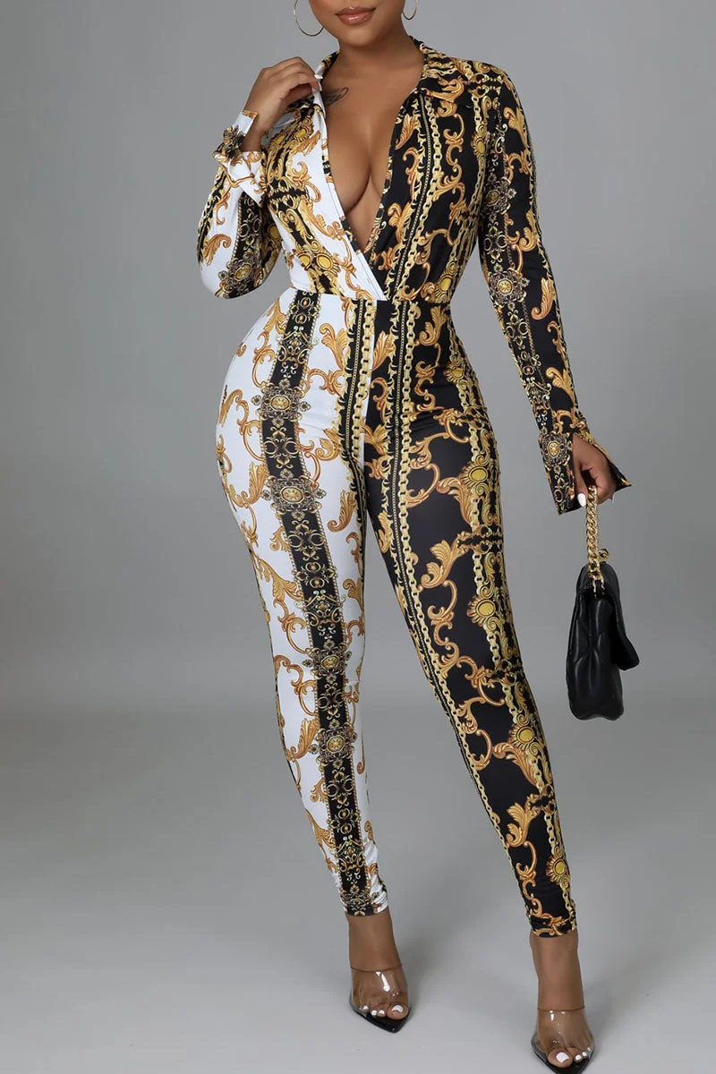 Sexy Print Split Joint V Neck Regular Jumpsuits
