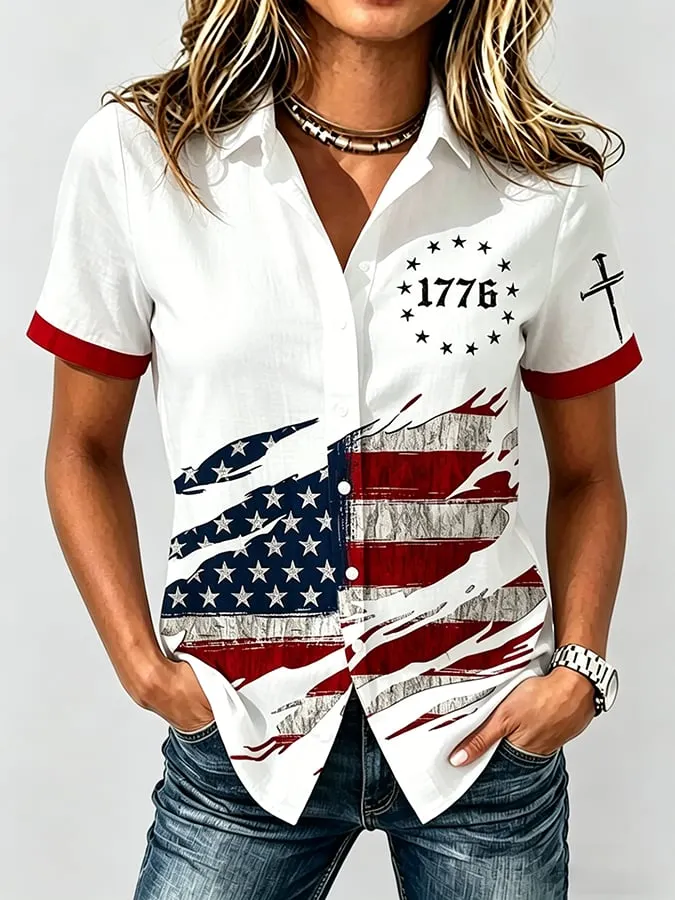 Women's Vintage American Flag Print Lapel Button-Down Short Sleeve Shirt 