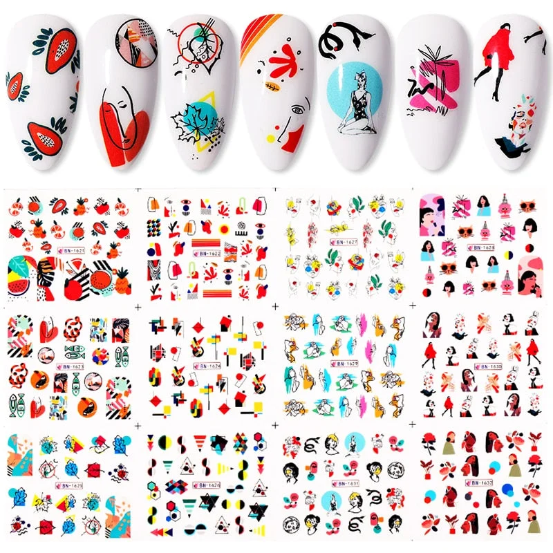 12 Designs Nail Stickers Set Mixed Floral Geometric Nail Art Water Transfer Decals Sliders Flower Leaves Manicures Decoration-Nail Inspo