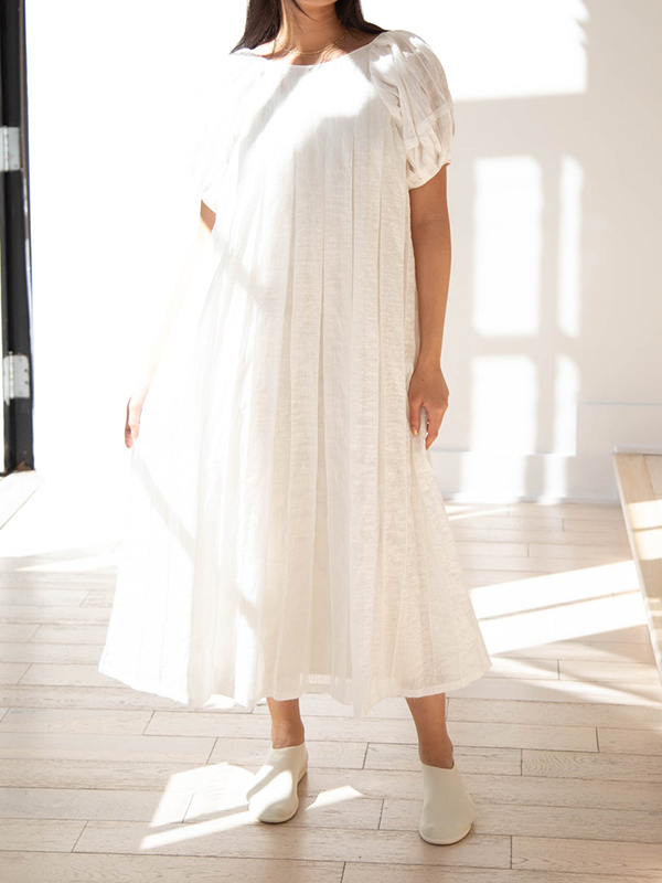 Retro Puff Sleeve Vertical Crease Midi Dress