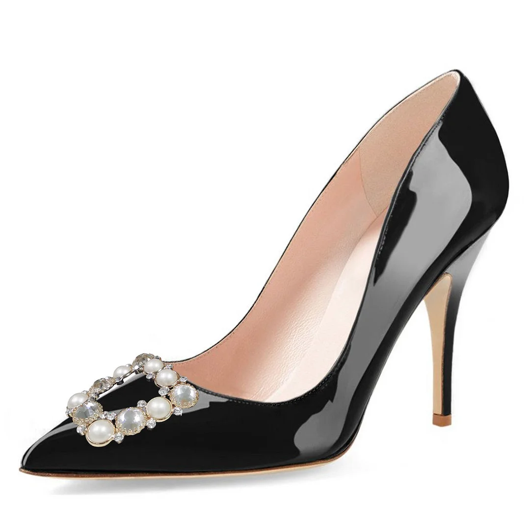 Black Pointed Toe Pearl and Rhinestone Elegant Stiletto Heels