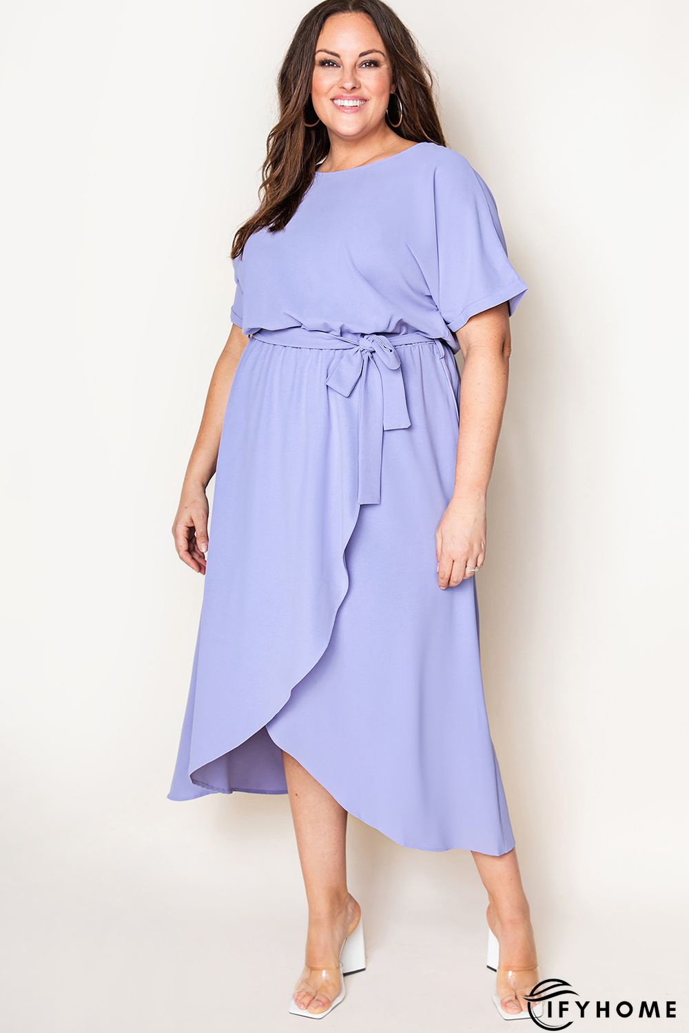 Purple Plus Size Roll up Short Sleeves High Low Maxi Dress | IFYHOME