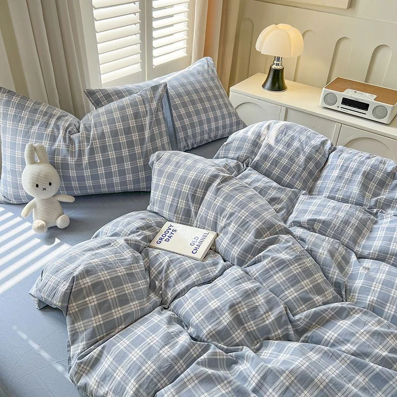 Aonga 2024 New Lattice Duvet Cover Set with Sheet Pillowcases No Filler Warm Bed Linen Single Full Queen Size Grid Home Bedding Set aonga