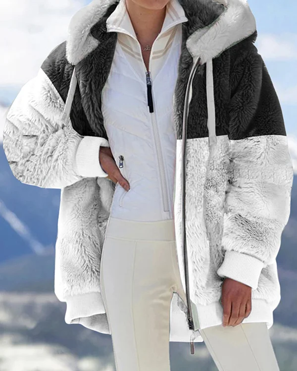 Warm Plush Panel Zip Pocket Hooded Oversized Coat