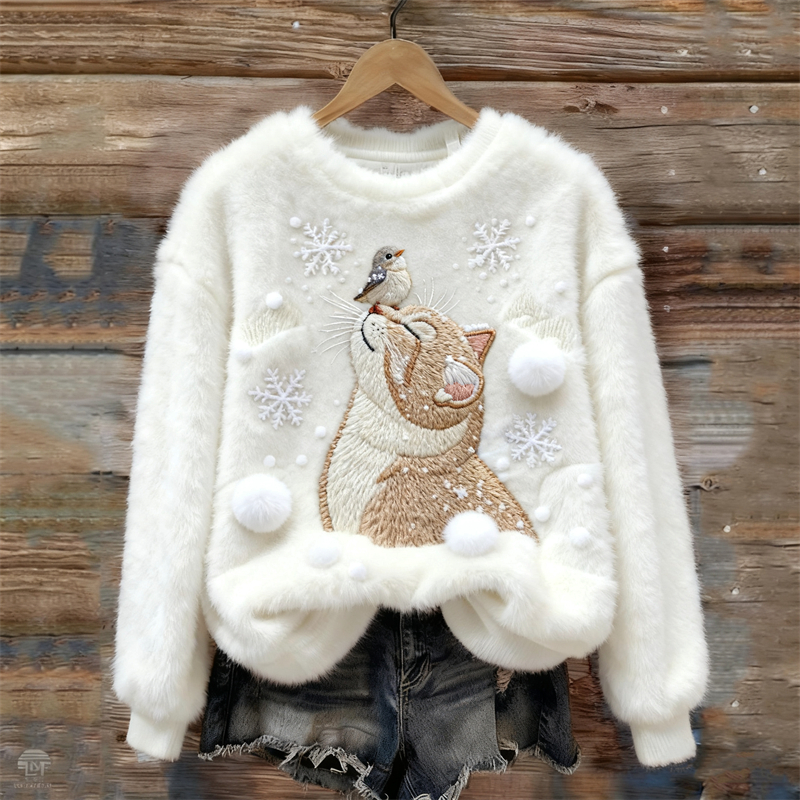 Lovely Cat & Bird Snowflakes Embroidered Cozy Plush Sweatshirt elevenforest