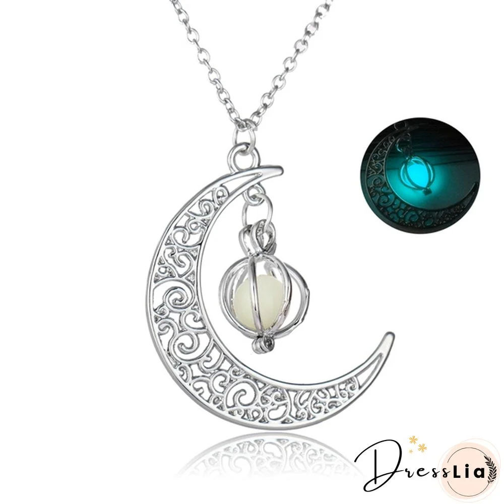 Moon Glowing Necklace Turquoise Charm Jewelry Silver Plated Necklace Pendant Luminous Necklace Gift