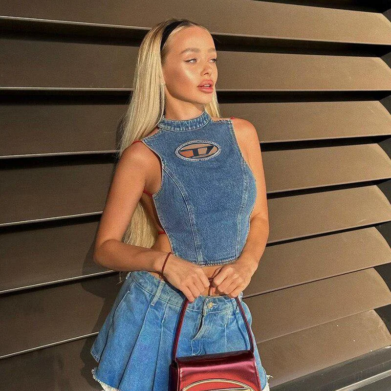 Brownm Denim Halter Corset Top