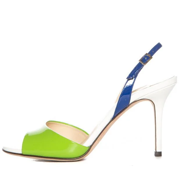 Avocado Green and Navy Slingback Heels Patent Leather Sandals |FSJ Shoes