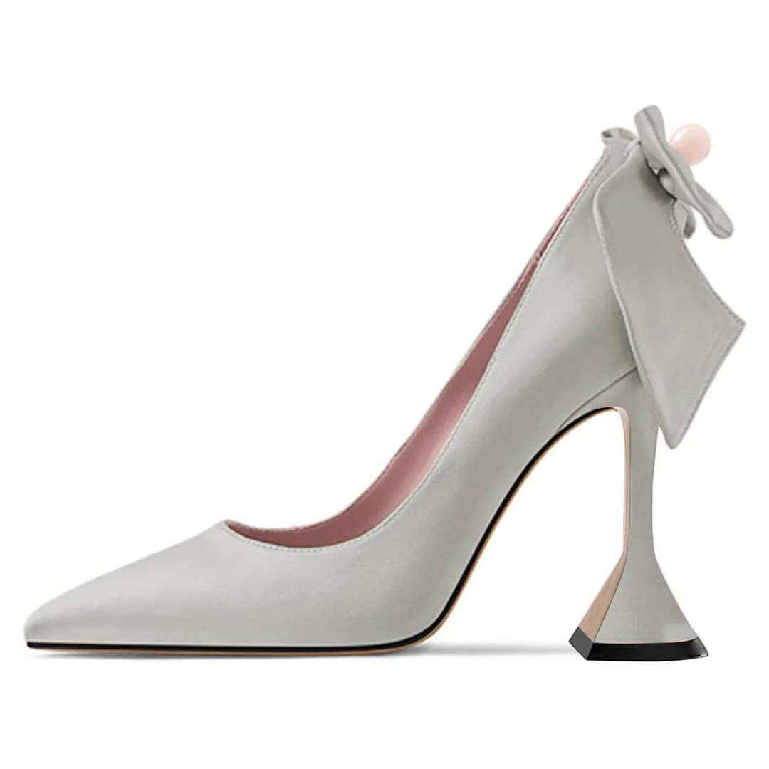 Grey Pointed Toe Back Bow Decor Pumps Shoes with Flared Heels