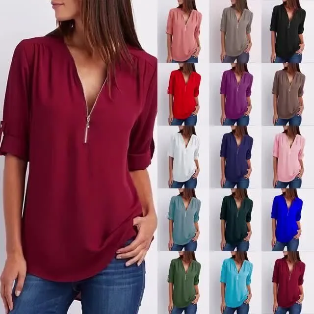 🎁LAST DAY 45% OFF🎁Women's Casual Loose  3/4 Sleeve Zipper Blouse