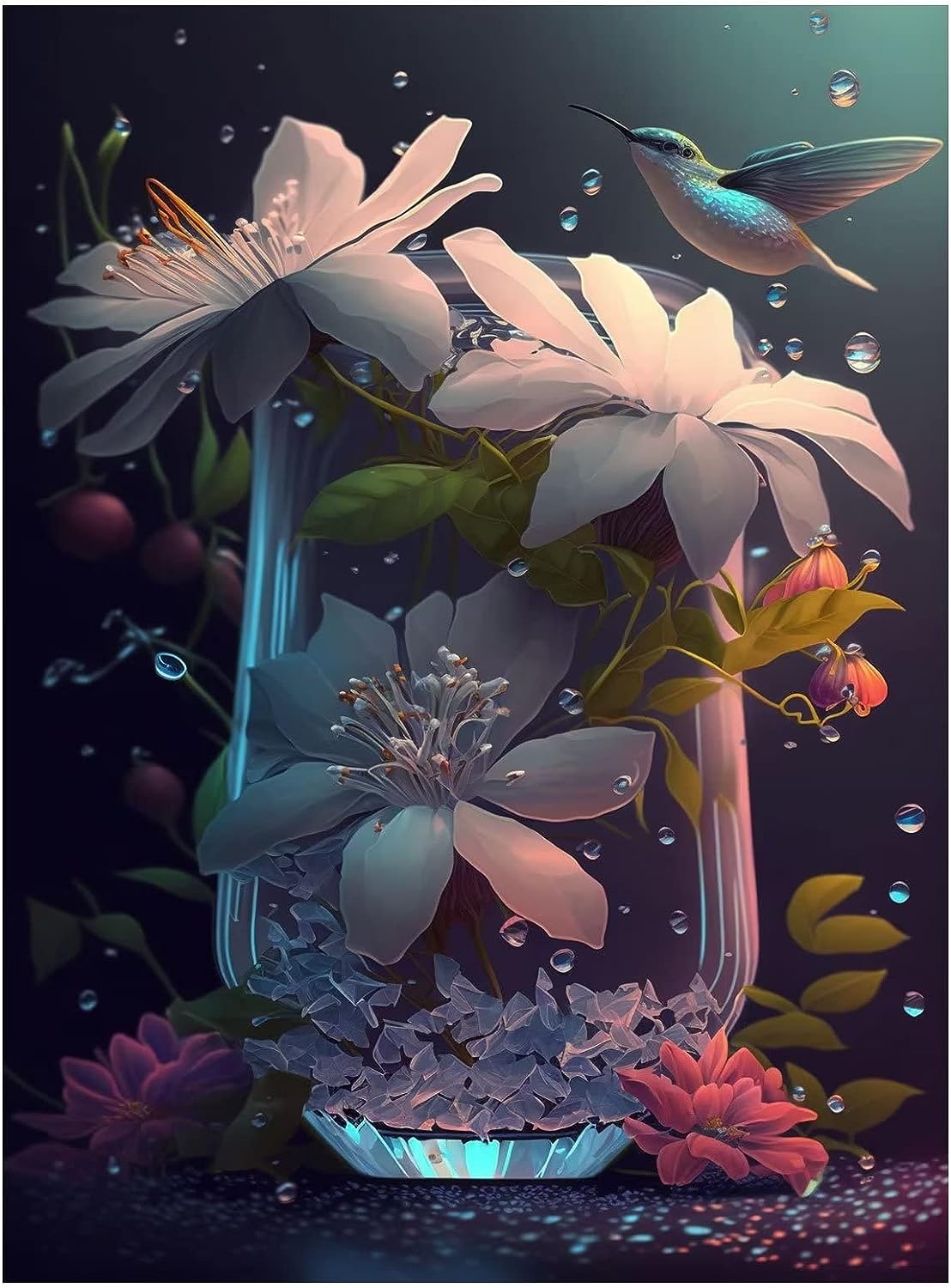 Living Room Art, Ocean Wall Art, Flowers and Hummingbirds Frameless Canvas Wall Art, Artwork, Wall Art For Kitchen, Beach Painting, Prints Wall Art, Living Room Artwork For Wall 20 inch  W x 30 inch  H Flowers and Hummingbirds 1