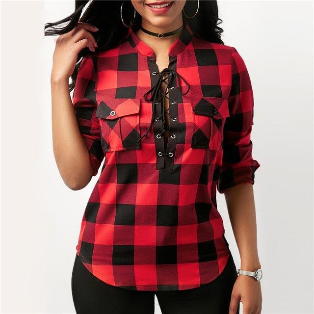 Women Plaid Shirts Long Sleeve Blouses Cotton Lace Up Tunic Casual Tops Plus Size