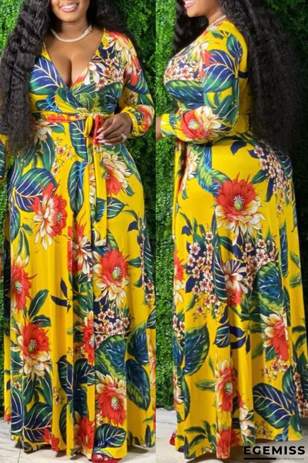 Yellow Fashion Casual Print Bandage Patchwork V Neck Long Sleeve Plus Size Dresses | EGEMISS