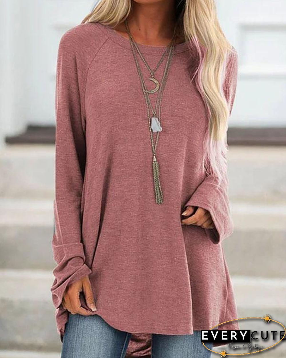 Gray Cotton Casual Crew Neck Solid Shirts & Tops