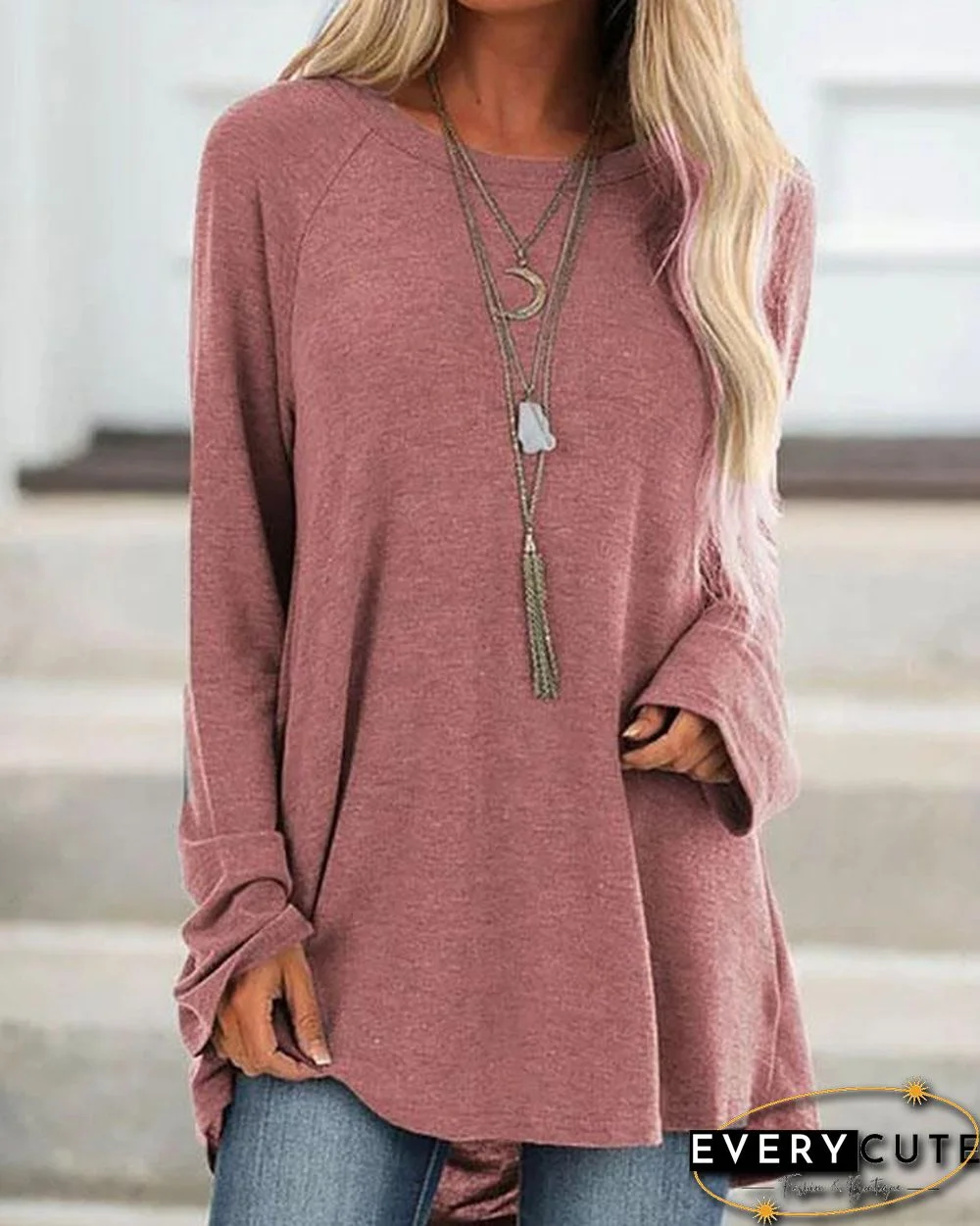 Gray Cotton Casual Crew Neck Solid Shirts & Tops