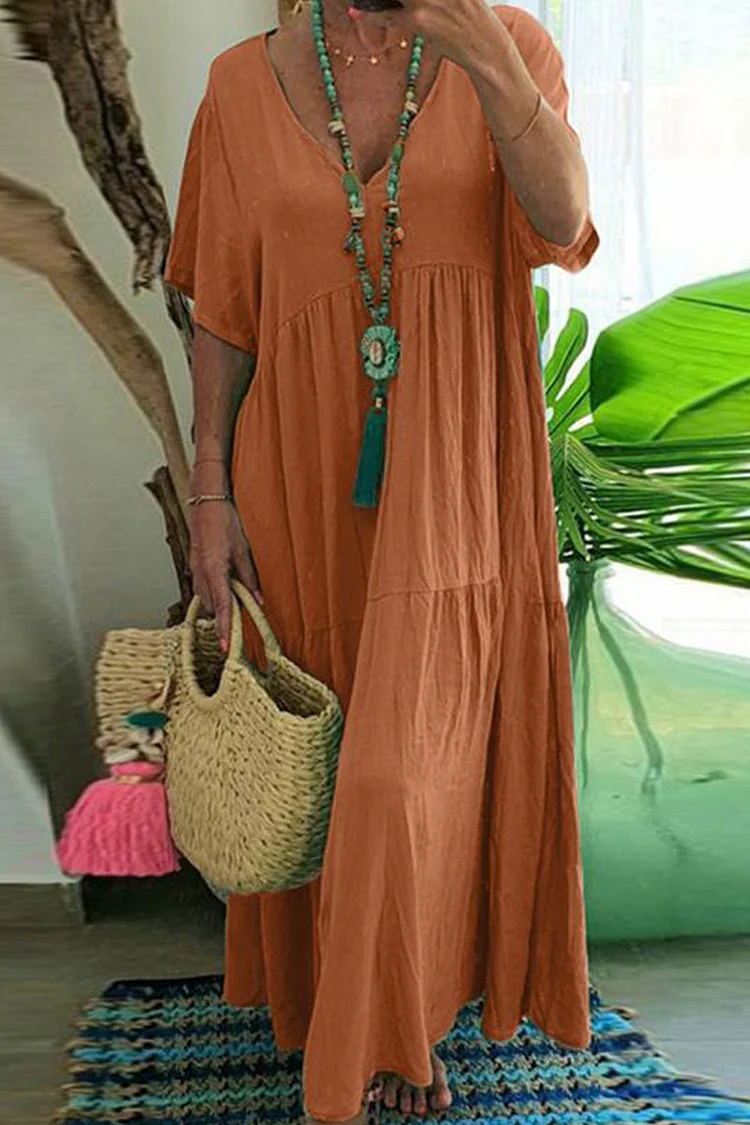 Plus Size Casual College Solid Asymmetrical V Neck Short Sleeve Dress