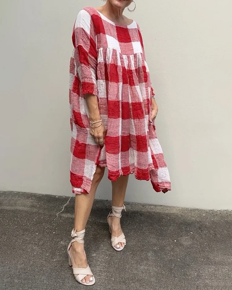 Checked Cotton Long Sleeve Dress