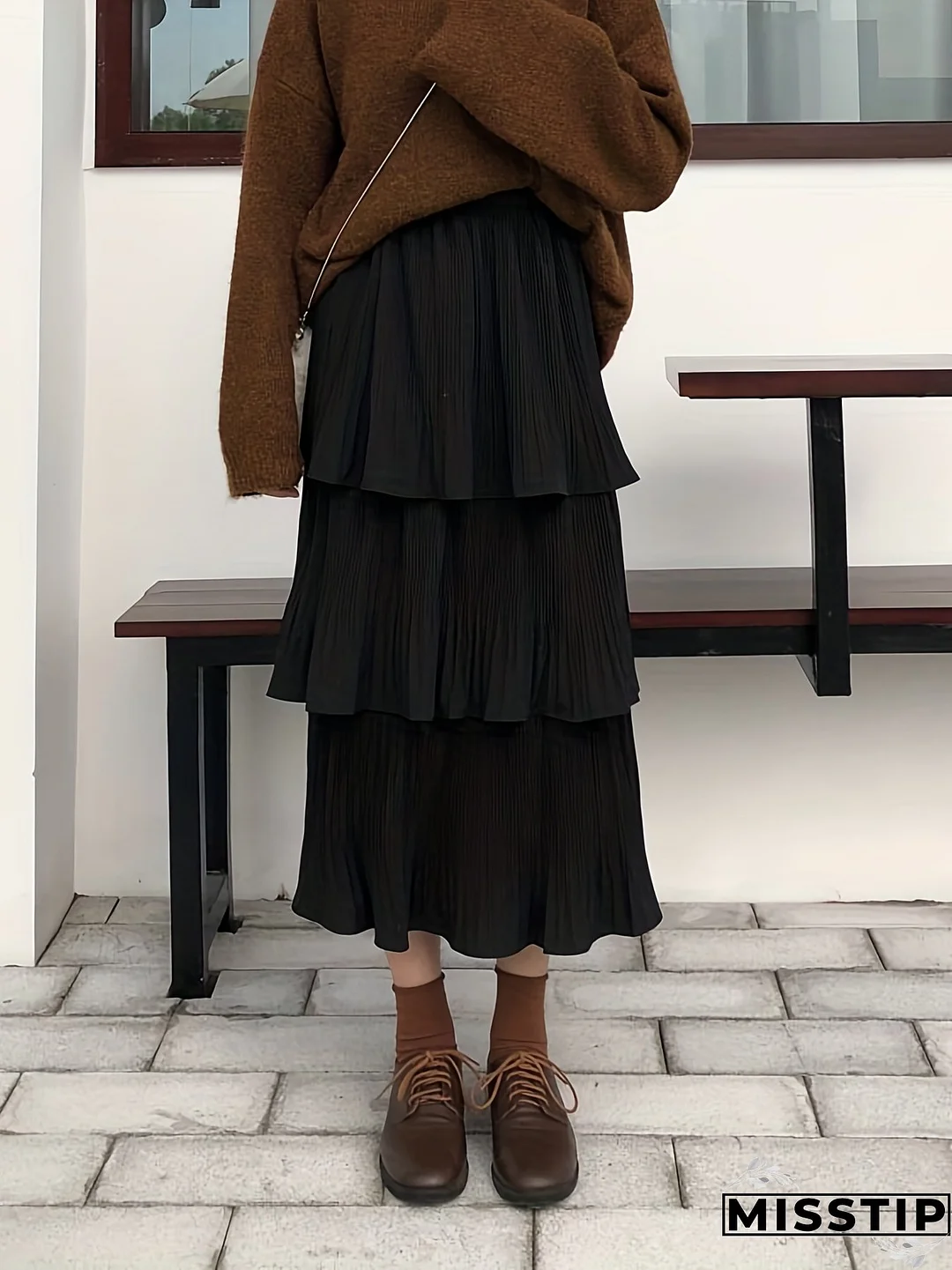 Solid Layered Ruffle Hem Skirt, Casual Pleated Skirt For Spring & Summer, Women's Clothing