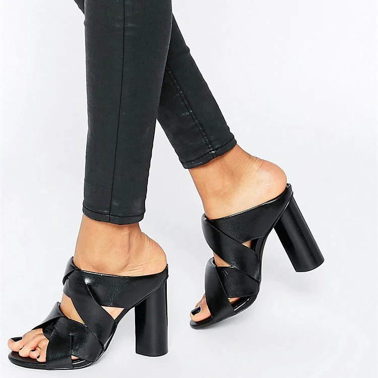 Black Peep Toe Strappy Cylinder Heel Mules Shoes for Women |FSJ Shoes