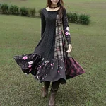 Women's Vintage Polka Dot And Rose Floral Plaid Patchwork Linen Dress - Image 2