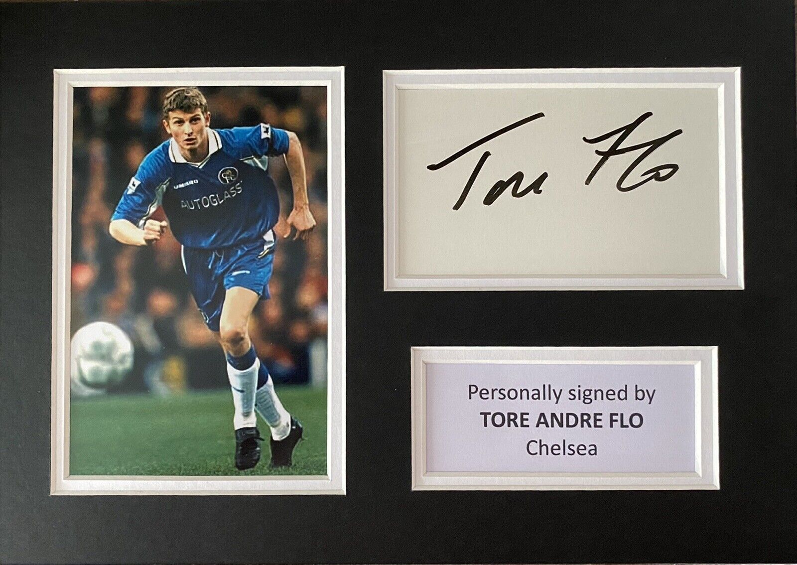 Tore Andre Flo Hand Signed White Card In A4 Chelsea Mount Display