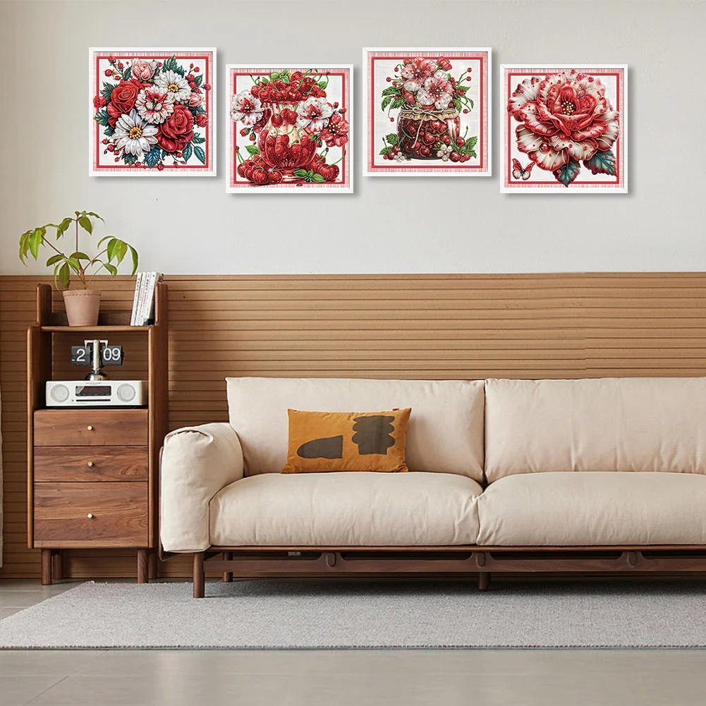 4pcs Diamond Painting - Partial Special Shaped Drill - Red Flower(Canvas|30*30cm)