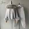 Jxwatcher Women's Sweater Set Real Fox Fur Collar and Cuffs Wool Blend Hooded Knitted Tops Ladies Autumn Fashion Pullover Female
