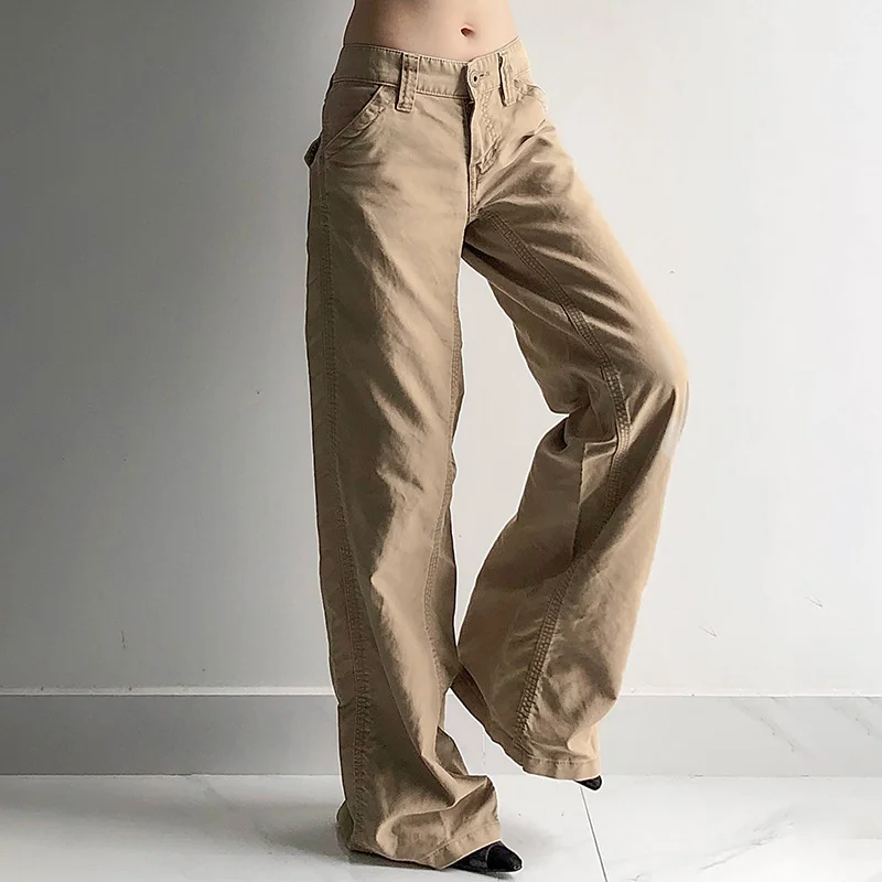 Toloer Toloer Style Cool Sister Simple Basic Straight Leg Casual Pants Low Waist Loose Shrink Pleated Wide Leg Cargo Pants-Outfit Ideas