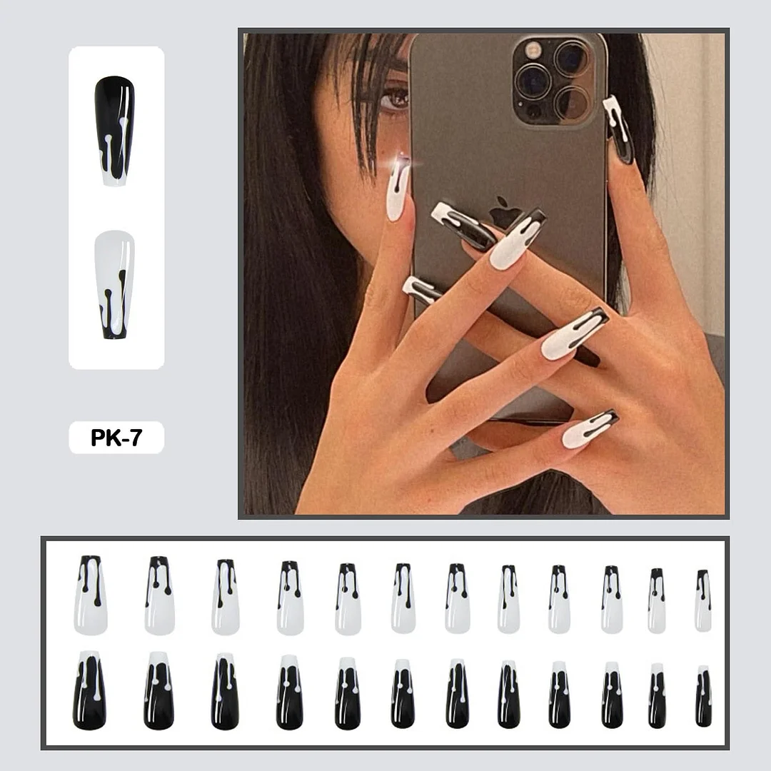 24PCS Dark Punk False Nails with Glue Gradient Long Detachable Fire Stick on Nails Skull Flame  Art DIY Fashion Manicure Tool-Nail Inspo
