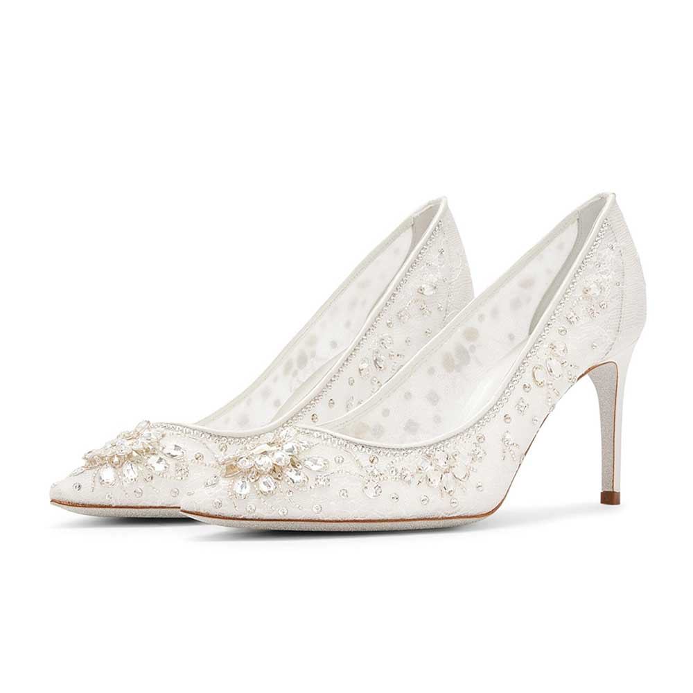 White Crystal Embellished Lace Pointed Toe Stiletto Heel Wedding Shoes Nicepairs