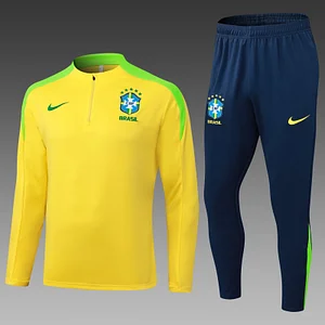 2025 Brazil Half-Pull Training Suit Yellow Football Shirt 1:1 Thai Quality Set