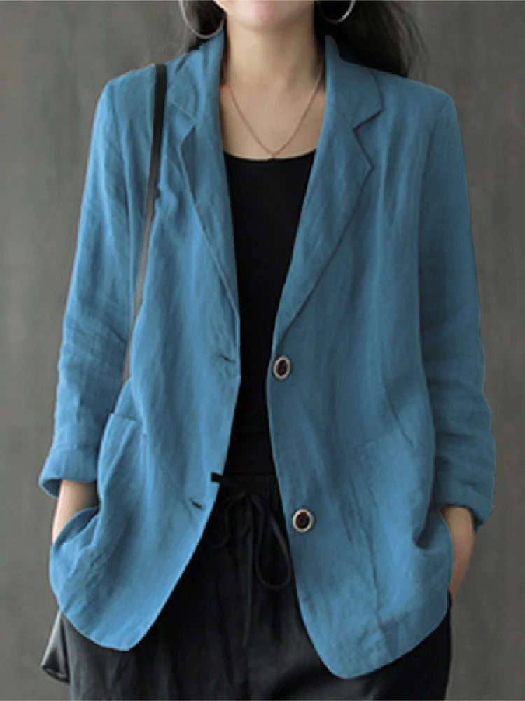 Women Long Sleeve Vintage Cotton Linen Lapel Cardigan Blazers SKUF90050