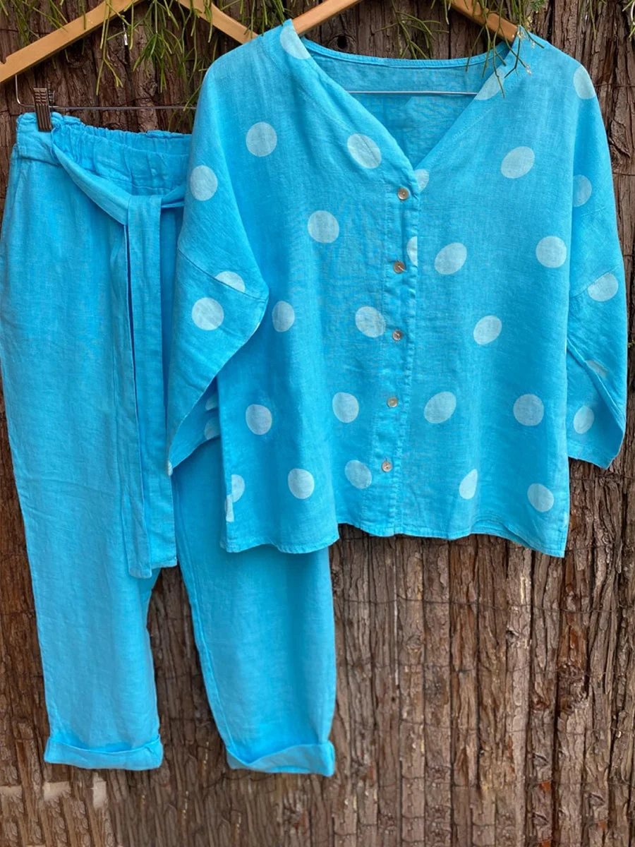 Polka Dot Print Buttons Top And Plain Pants Set