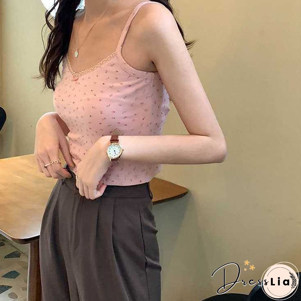 Ribbed Knit Flower Prints Cropped Cami Tops Lace Trim Tank