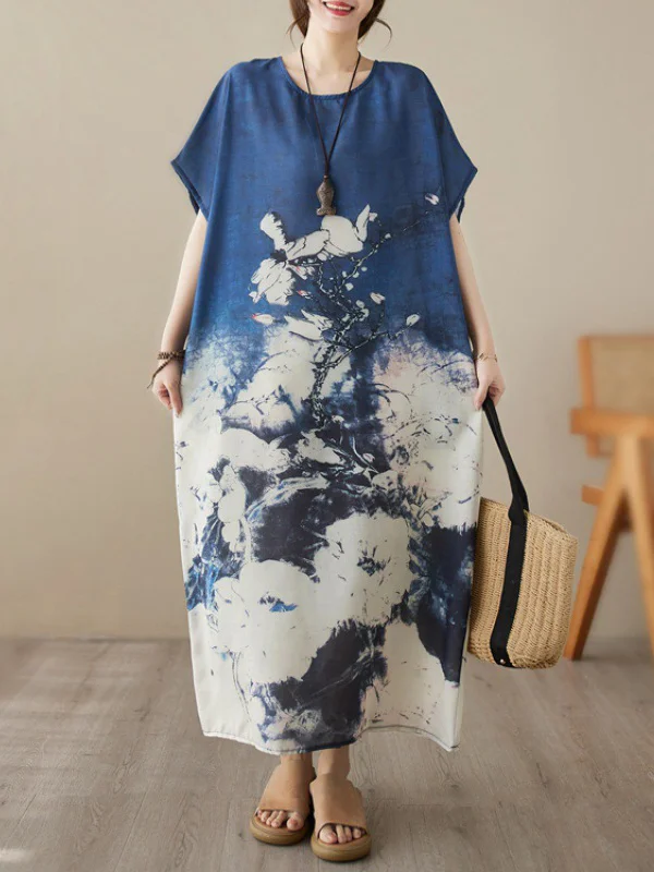 Printed Short Sleeves Loose Round-neck Maxi Dresses