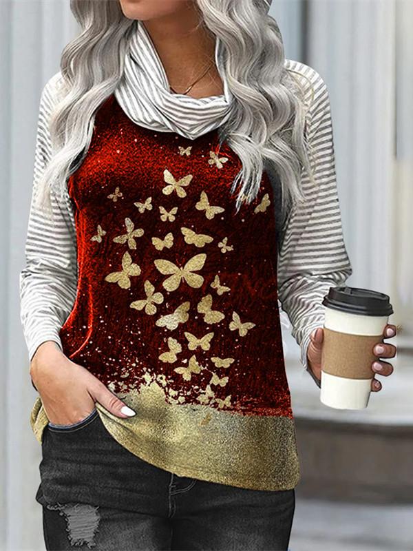 Women Long Sleeve Scoop Neck Striped Stitching Top