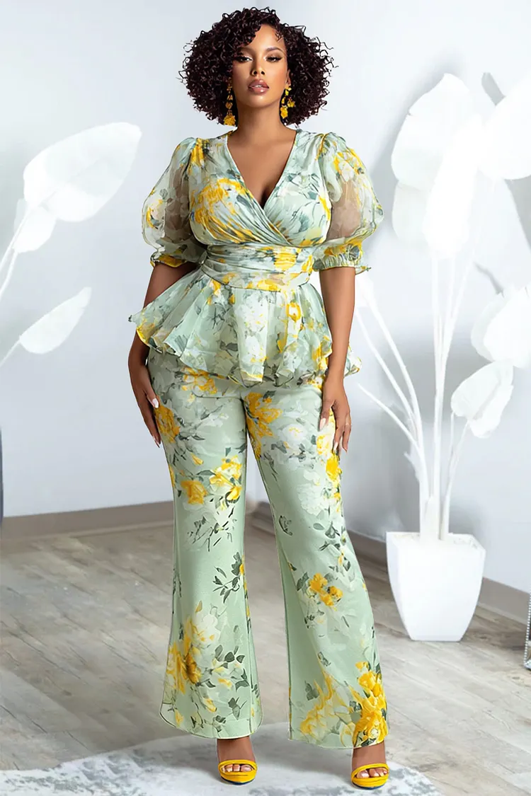 Xpluswear Design Plus Size Business Casual Sage Green Floral Wrap Neck Puff Sleeve Short Sleeve Ruffle Two Piece Pant Sets [Pre-Order] 2024 - Xpluswear
