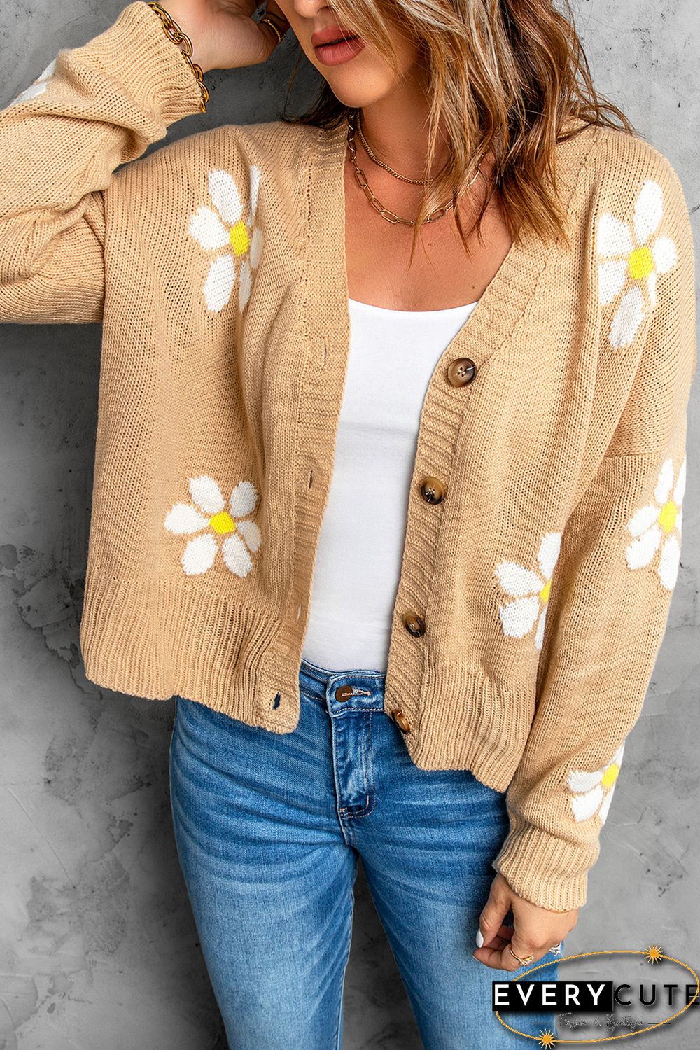 Khaki Daisy Pattern Knit Button Front Cardigan