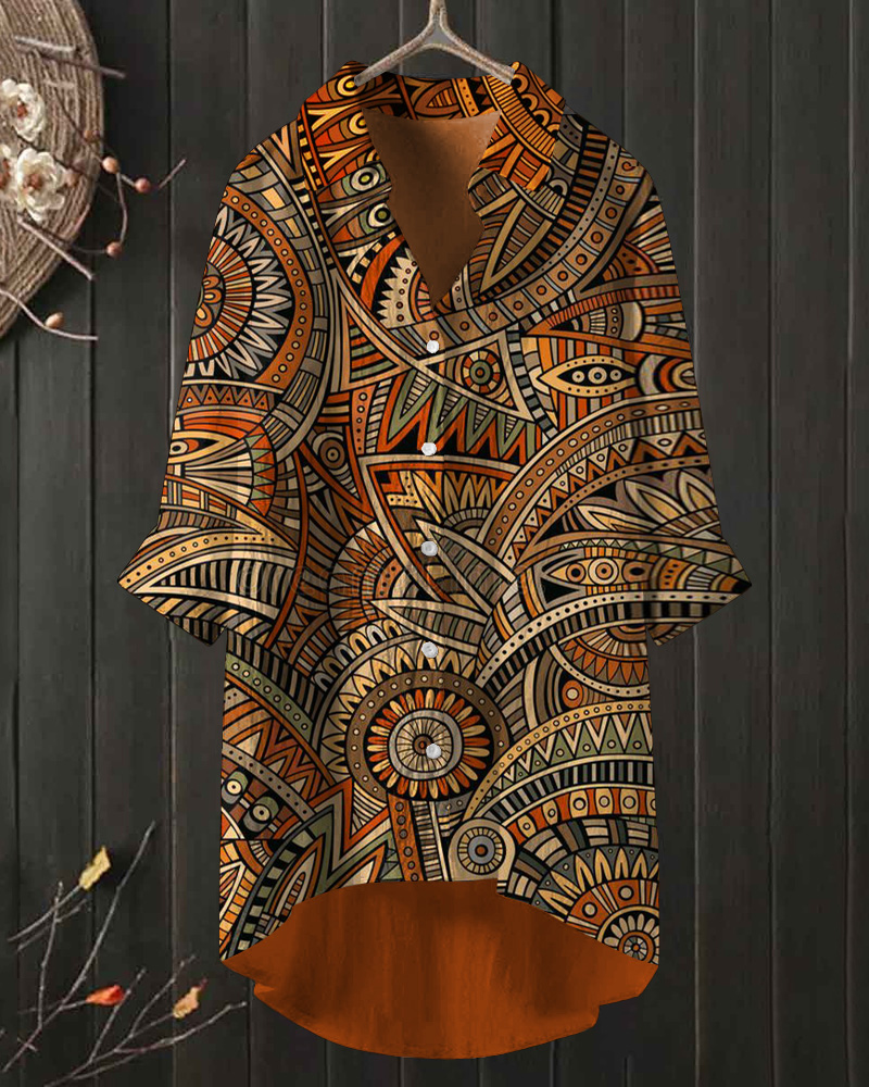 Ethnic Retro Printed Long-Sleeved Blouses
