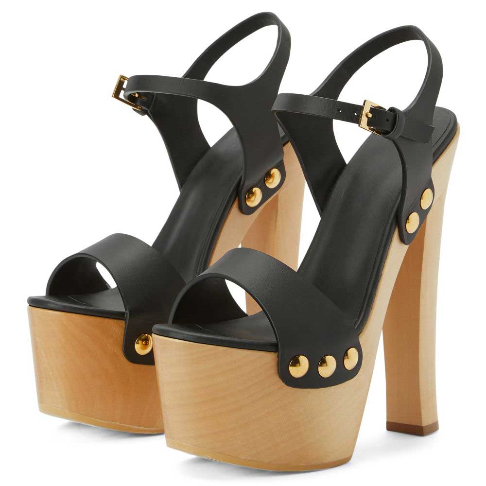 Black Studded Ankle Strap Platform Sandals with Wooden Block Heel