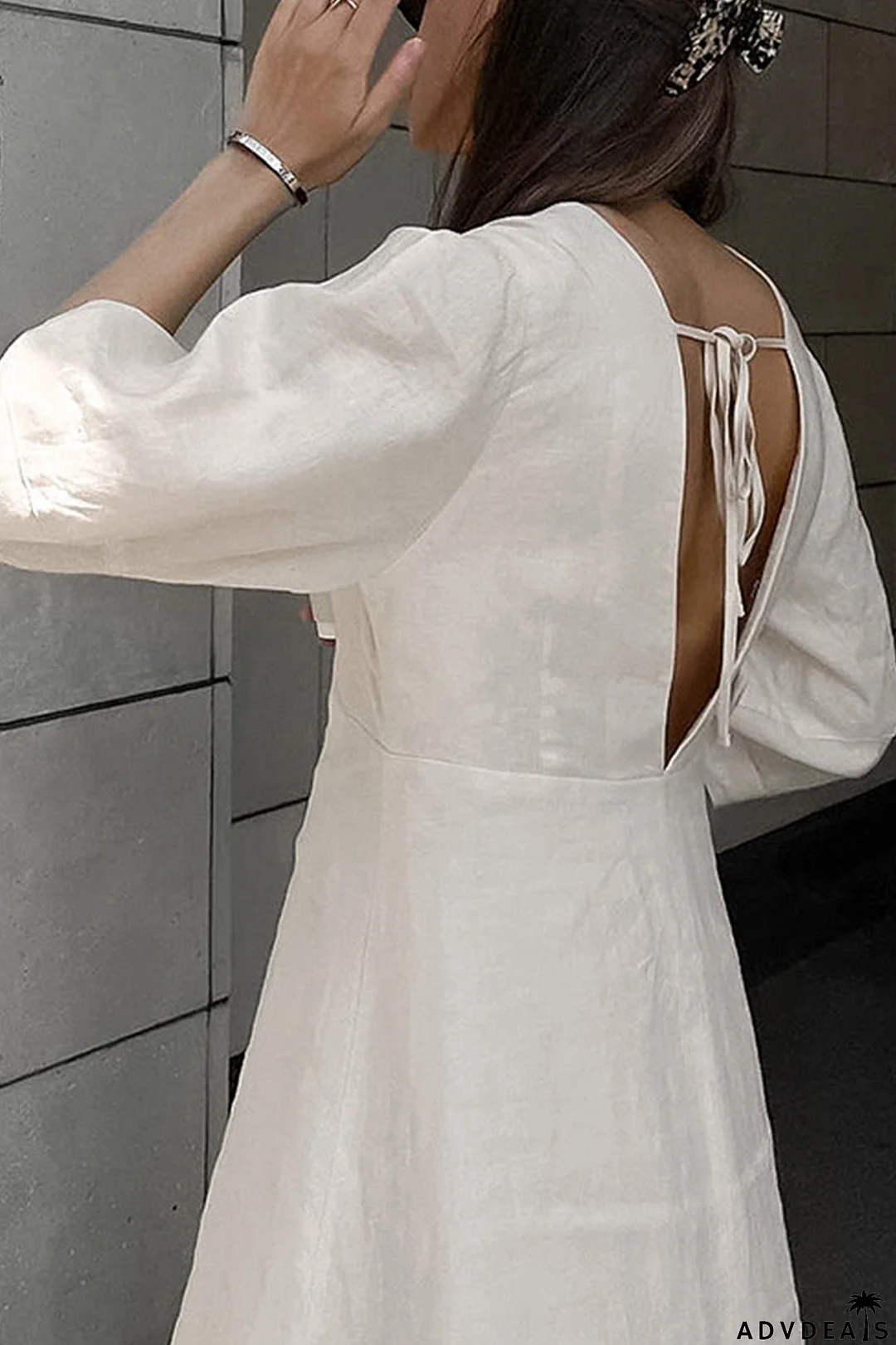 V Neck Single-breasted Cotton Linen A-line Dress