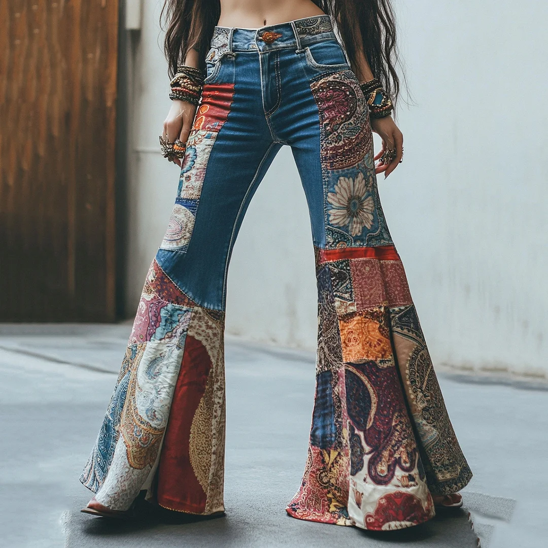Retro Bohemian Pattern And Paisley Pattern Patchwork Flared Jeans