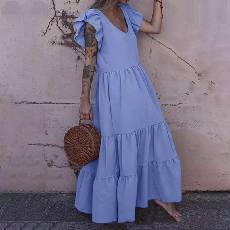 Summer Ruffle Short Sleeve Solid Long Maxi Dress Elegant Party Club Dresses Casual Loose Large Size 5XL Pleated Vestido De Mujer