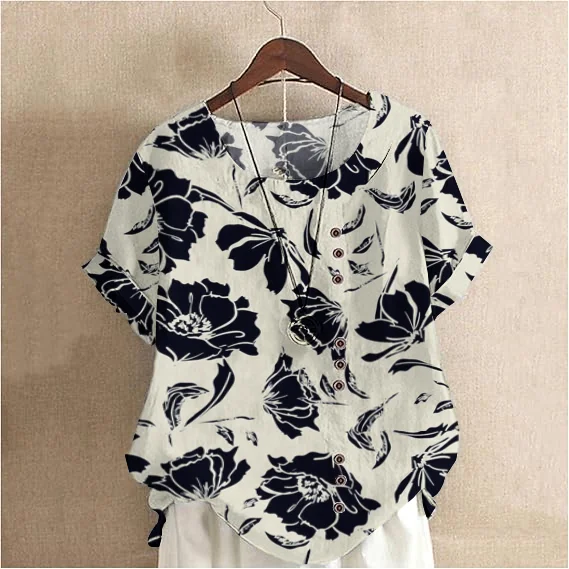 Women'S Elegant  Rose Silhouette Pattern Cotton And Linen Short Sleeve Top