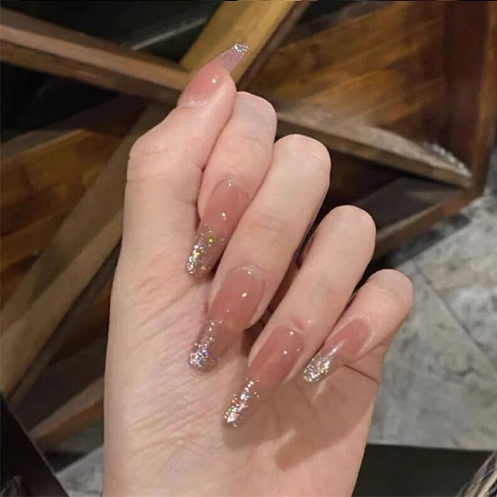 Press On Nails with line Small drill design Coffin False Nails Stick-on nails Full Cover Fake Nails Tips for nails Free shipping-Nail Inspo