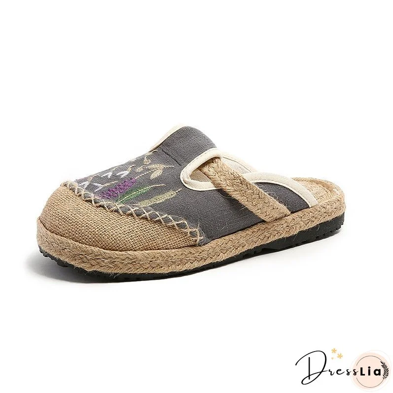 Summer New Ethnic Style Embroidered Slippers Women's Beef Tendon Bottom Cloth Shoes Women Hand-woven Linen Straw Shoes