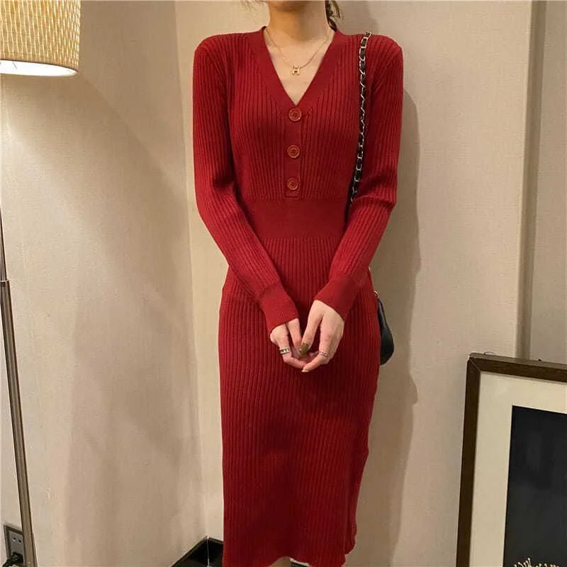 Women Long Sleeve Dresses Solid Color Sheath V-neck Buttons High Waist Ladies Elegant New Vestidos Knitting Korean Style Bodycon
