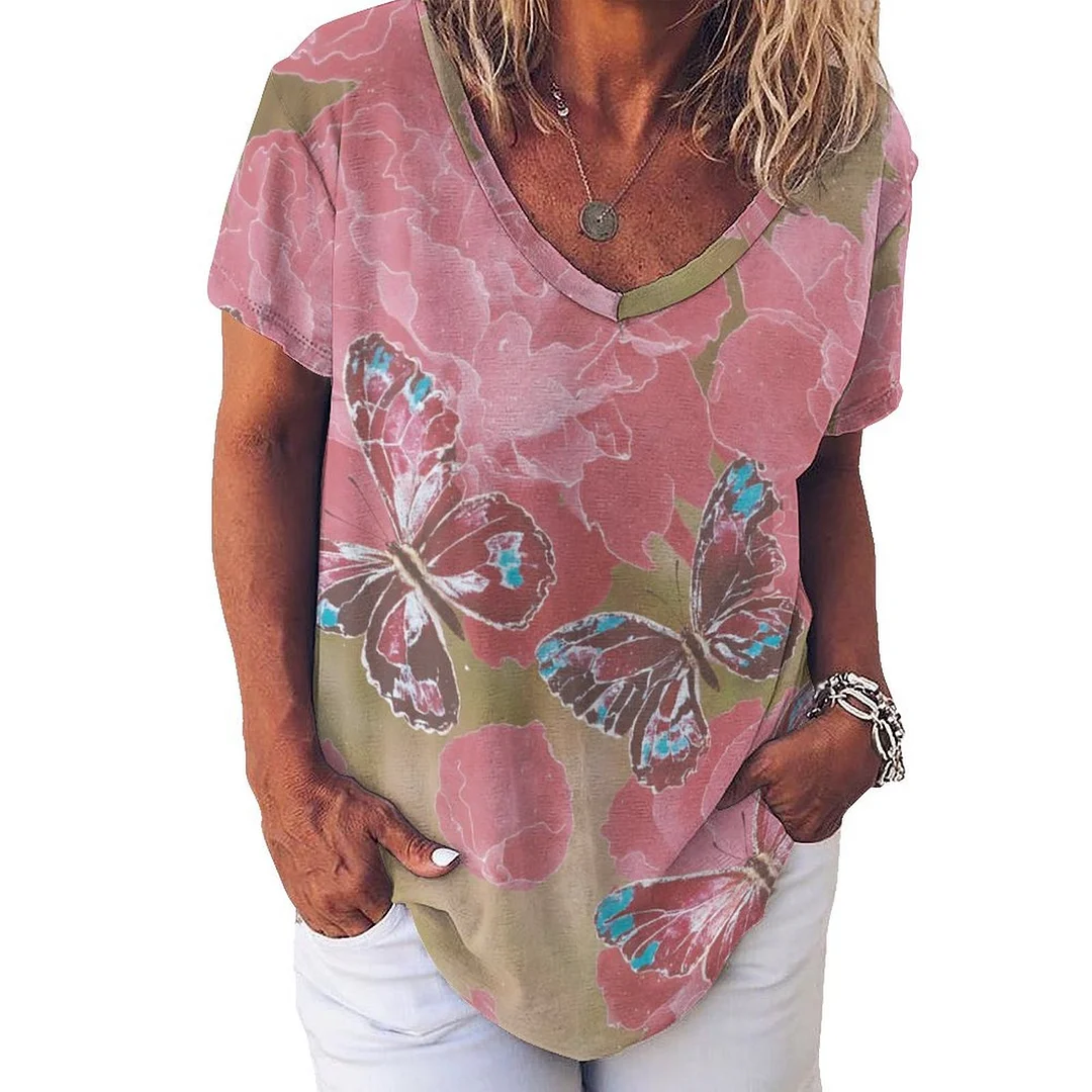 V-neck Short Sleeve Casual T-shirt for  Women Printed with Pattern Pink, Floral, Butterfly