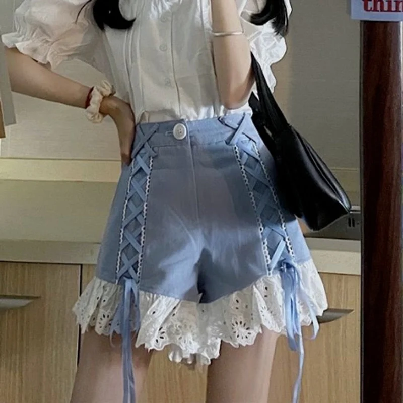 Graduation Gifts  Summer Female Korean Y2k Shorts Version of Lace Sweet Ruffled Patchwork Bandage High Waist Shorts Female Harajuku Punk Shorts